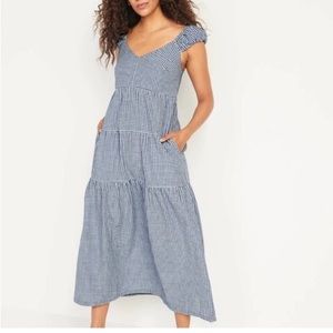 old navy • blue gingham seersucker tiered maxi dress  back tie puff cap sleeves